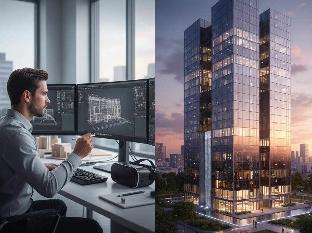 Architect reviewing complex 3D building models on multiple computer screens.