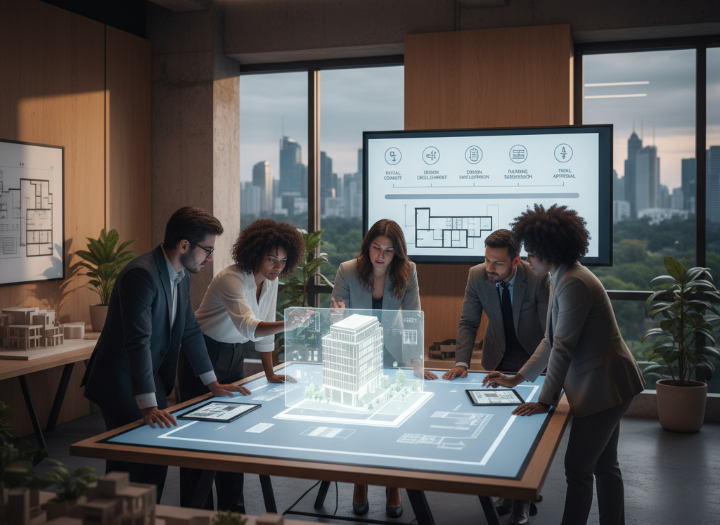 Design team collaborating around a table reviewing architectural plans and models.